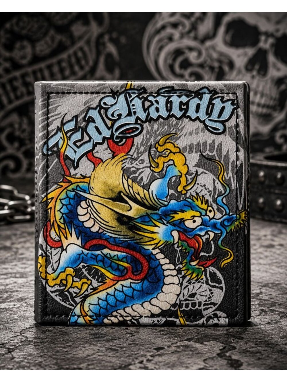 Ed Hardy Men’s Bifold Wallet w Valet Tray Card Slots ID Window Black Dragon -NEW